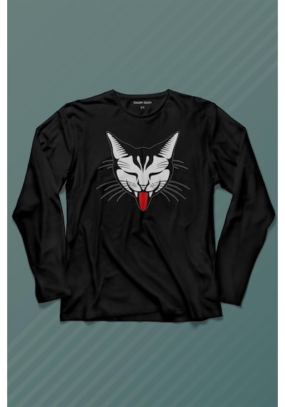 Dilini Çıkaran Sevimli Kedi Cat Musicuzun Kollu Tişört Baskılı T-shirt 001