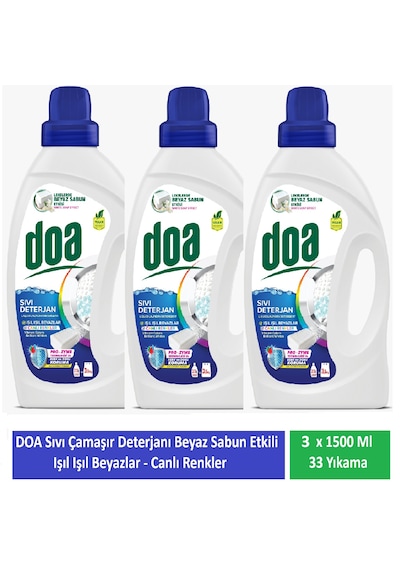 Doa Sıvı Çamaşır Deterjanı Beyaz Sabun Etkili 1500 Ml 33 Yıkama X 3 Adet