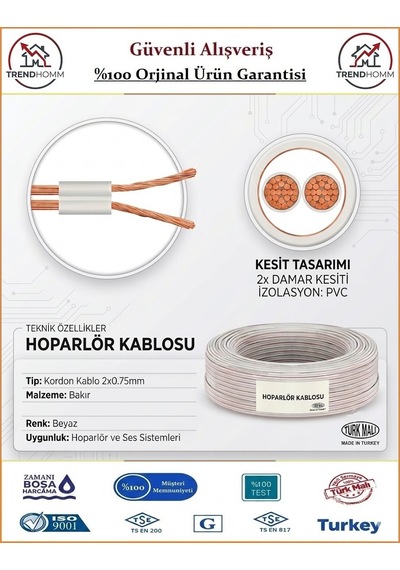 Trendhomm 2x0,75 Bitişik Hoparlör Tesisat Kablosu - Beyaz - 30 Metre