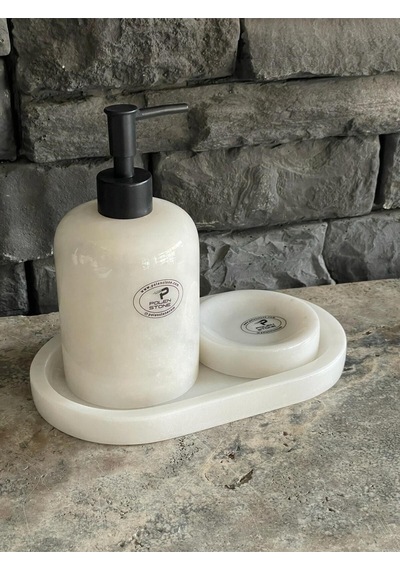 Beyaz Mermer Sıvı Sabunluk, Oval Tepsi. Katı Sabunluk 3'lü Set Siyah Aksesuarlı Beyaz