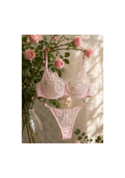 Loveria Pembe Nakışlı Dantelli İp Askılı Kapsız İç Çamaşırı Takım Pembe Pembe