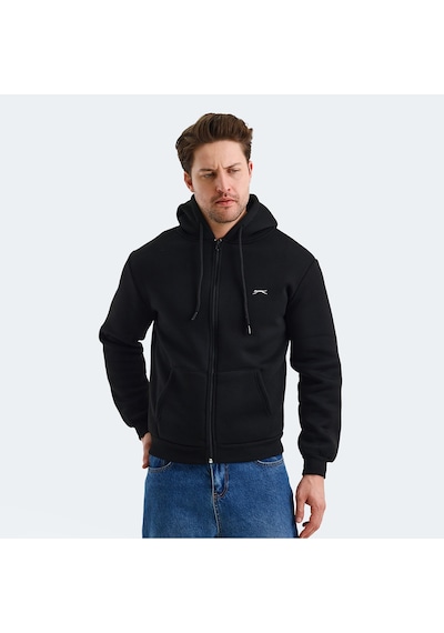 Slazenger CUDI I Erkek Fermuarlı Kapüşonlu Cepli Siyah Sweatshirt