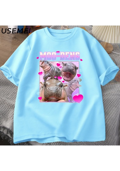 Flood Of Style Komik Moo-deng Bebek Pygmy Hippo Sevimli Hayvanat Bahçesi T Shirt Adam Kadın Nedensel Pamuk K Mavi