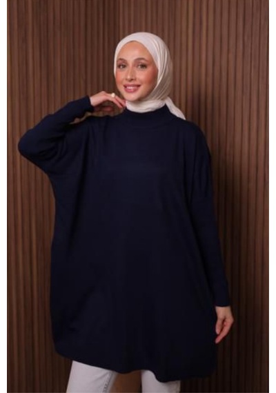 Balenbi Kadın Dik Yaka Basic 80cm Salaş Oversize Triko Tunik 1145 Lacivert