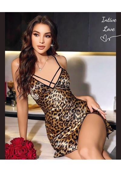 Intive Leopar Desen Arkası Çapraz Askılı Sırt Dekolteli V Yaka Mi Leopar