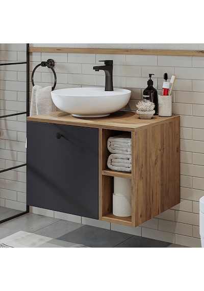 Ayaksız Lavabolu Mdflam 65 Cm Çekmeceli Banyo Dolabı Atlantik Çam - Antrasit