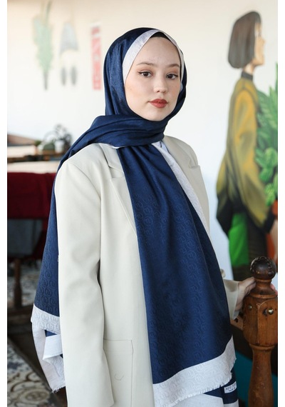 Premium Lux Original Monogram Şal İpek Vual, Yüksek Kalite, Hafif, Rahat, Şık, Tesettür, Shawl Lacivert Krem Şeritli