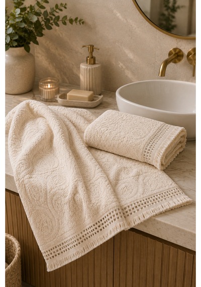 Paisley Desenli Saçaklı 2 Li Baş Ve Banyo Havlusu Seti 50x90 + 90x150 Cm - Ekru