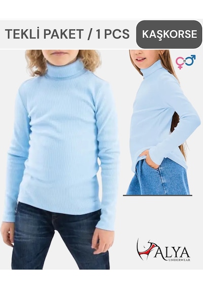 Alya Underwear Balıkçı Yaka Pamuklu Fitilli Kumaş Çocuk Kaşkorse Unisex Body Açık Mavi