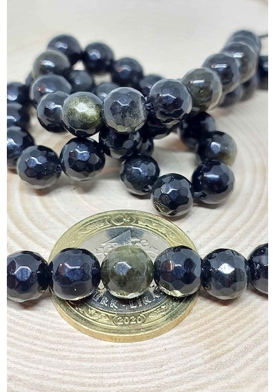 Golden & Siyah Obsidyen Taşı Faset Kesim Dizi 8mm