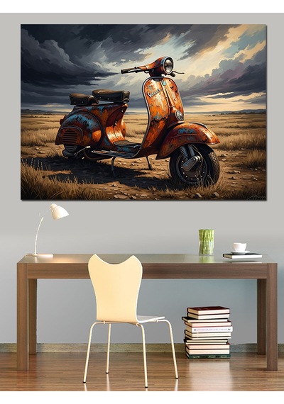 Ahşap Tablo Issız Yolda Turuncu Scooter Dekoratif Tablolar