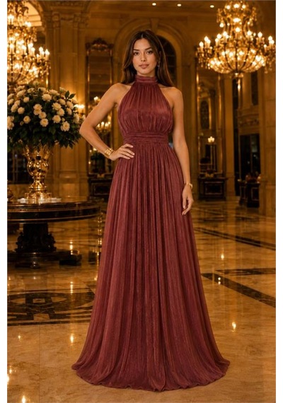 Neşeli Butik Kadın Kiremit Halter Yaka Janjan Kumaş Premium Abiye Elbise Nbmy4128