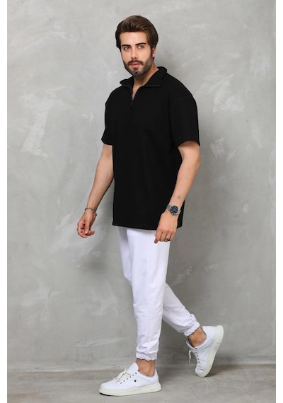Novalisse Erkek Yarım Fermuarlı Düz Oversize T-shirt - Siyah Çoklu Renk