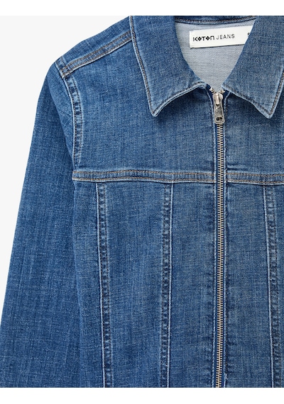 Koton Slim Fit Uzun Kollu Klasik Yaka Fermuarlı Denim Ceket Orta İndigo 6sal50014md