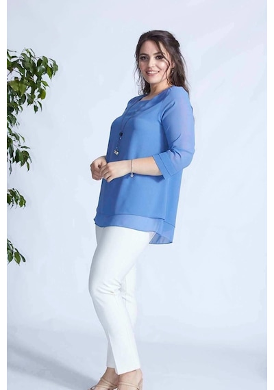 Moda Berray 1934 Kolyeli Şifon Büyük Beden Şık Bluz İndigo