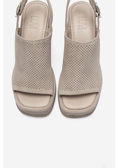 Luvi Shoes Penvıa Bej Süet Hakiki Deri Kadın Kalın Topuklu Sandalet