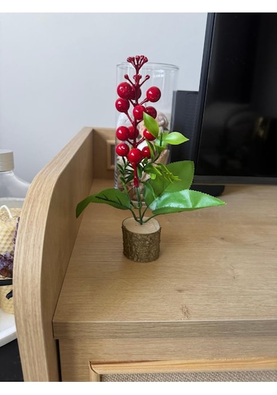 3lü Set Yapay Çiçek Yılbaşı Çiçeği Kokinalı Kütük Saksılı Dekoratif Süs 20cm