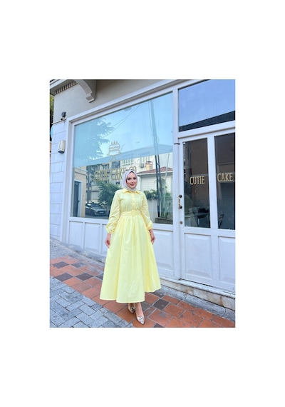 Riella Butik Gömlek Yakalı Tesettür Elbise-sarı