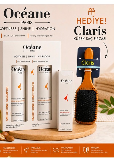 Oceane Paris Smoothing Hydra Saç Bakım Seti - Argan + Claris Kürek Saç Fırçası