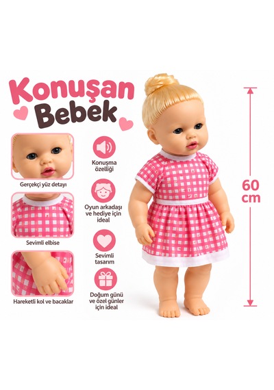 60 Cm Konuşan Bebek Pembe Kareli Elbiseli Gerçekçi Oyuncak Bebek 001