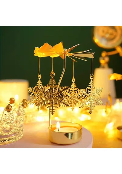 Altın Renkli Dönebilen Metal Tealight Mumluk Kar Tanesi Ve Noel Figürlü Dekoratif Mumluk Gold