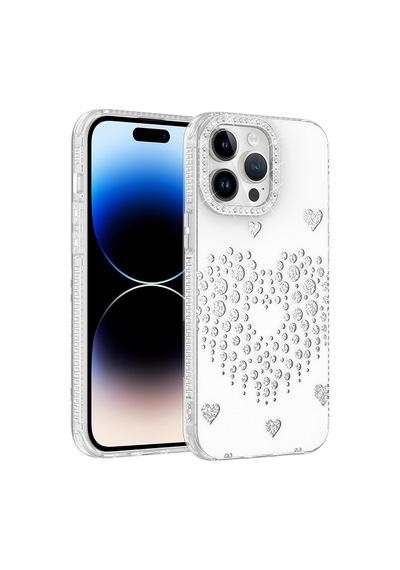 iPhone 14 Pro Max Kılıf Damla Taşlı Zore Rivas Sert Pc Kapak - Beyaz