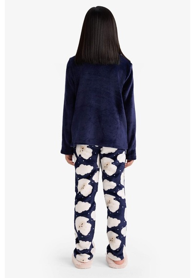 Defacto Pijama Takımı Pelüş Baskılı Uzun Kollu Üst Desenli Uzun Alt Kız Çocuk D1083A824WN Lacivert