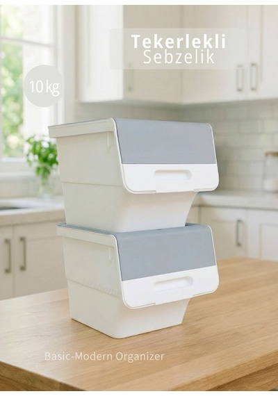2 Li Gri Tekerlekli Sebzelik Patates Soğan Sepeti Modern Organizer Patateslik Basic Soğanlık 24 L Gri-beyaz