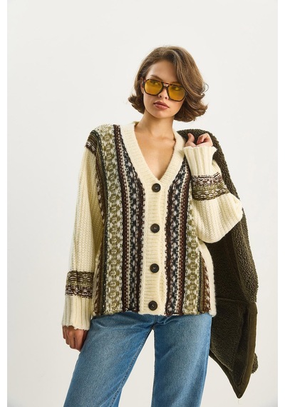 Shade Kadın Etnik Desenli Oversize V Yaka Düğmeli Kalın Triko Hırka 5057 60283576 - Krem