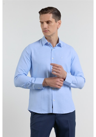 İmza Mavi Sert Yaka Uzun Kol Cepsiz Slim Fit Pamuklu Gömlek 1004255284