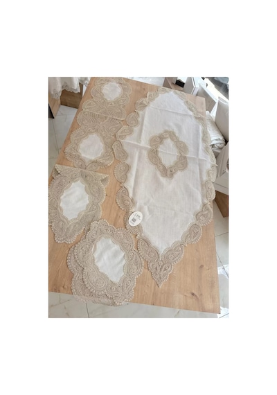 Salon Takımı Bellisima Çeyizlik Kreme Kapi Runner Set 5 Parça Keten Ranır Masa Sehpa Konsol Örtüsü Çok Renkli