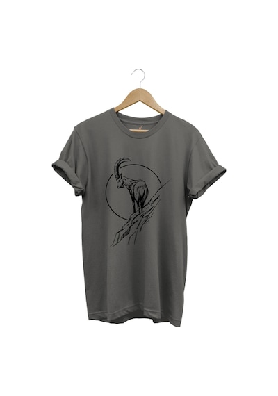 Avcılık Dağ Keçisi Baskılı %100 Pamuk Regular Fit Bisiklet Yaka Gri T-shirt Gri