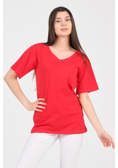 As Collection Kırmızı V Yaka Kısa Kol Boyfriend Kadın T-shirt Kırmızı