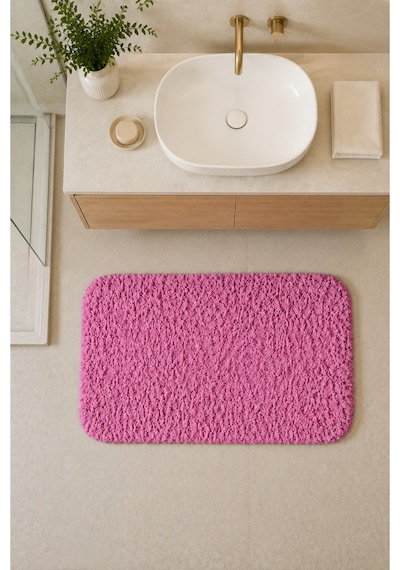 Kaymaz Jel Tabanlı Yıkanabilir Peluş Yumuşak Dokulu Dekoratif Tekli Banyo Paspası 60x100 Cm Pembe