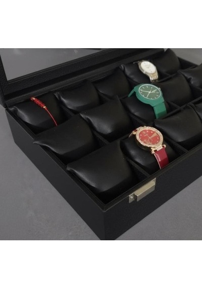 Premium 15 Yuvalı Tamamen Deri Kaplama Cam Kapaklı Şık Tasarım Saat Saklama Kutusu Ebat 34x24x8 Cm Siyah