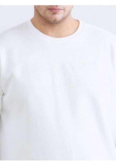 Lcwaıkıkı Classic Beyaz Büyük Beden Bisiklet Yaka Baskılı Erkek Kalın Sweatshirt