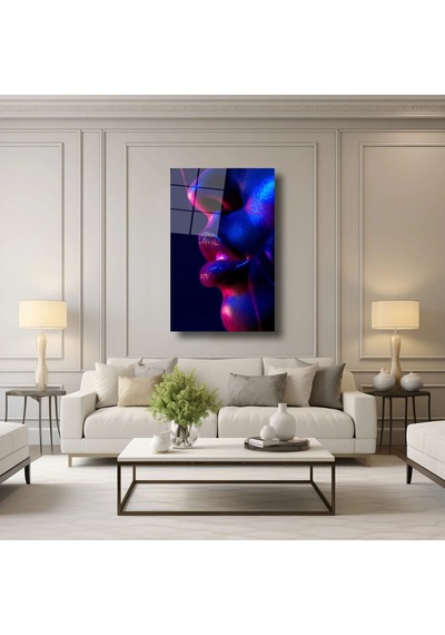 Neon Kadın Yüz Detayı Cam Tablo Neon Işıklı Modern Portre 50x70