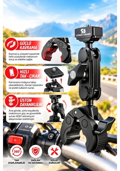 Uba-q1 360 Aksiyon Kamera Tutucu Tak Çıkar Adaptörlü Motosiklet Gidon Kamera Bağlantı Aparatı Siyah