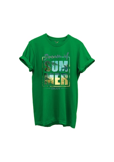 Dream Of Summer Yazılı Palmiye Ve Sahil Temalı %100 Pamuk Regular Fit Unisex T-shirt Yeşil