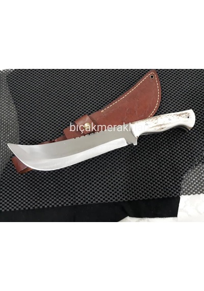 Büyük Av Kamp Bıçağı 34 CM 4mm 4134 Çelik Geyik Boynuzu Kahverengi - Gümüş