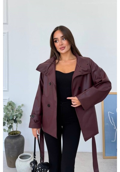Meecy Kısa Suni Deri Trençkot Ceket Bordo Bordo