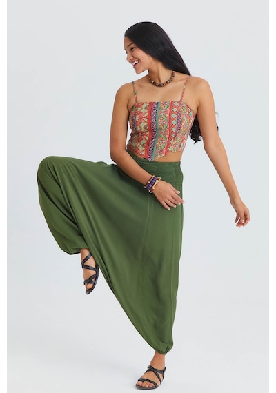 Drape Detay Beli Lastikli Şalvar Pantolon Açık Haki