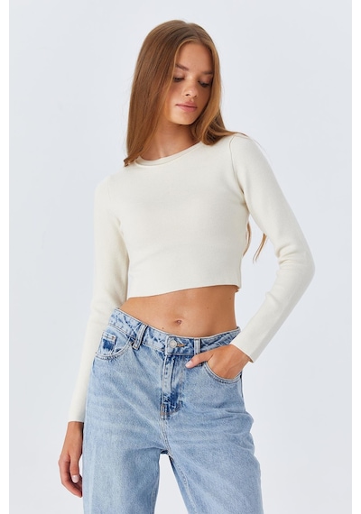 Mixray 6727 Kadın Bisiklet Yaka Crop Triko Kazak Naturel Naturel
