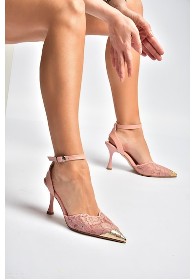 Fox Shoes Y752082806 Pudra Dantel İnce Topuklu Kadın Ayakkabı