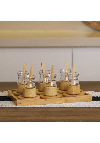 18 Parça Bambu Çay Seti - 6 Çay Bardağı - Borosilikat Cam Diğer