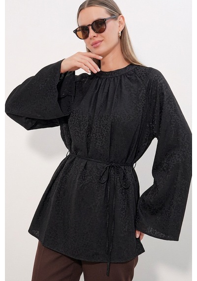 Bigdart Kadın Çizgili Bağcıklı Oversize Tunik 50009 - Siyah