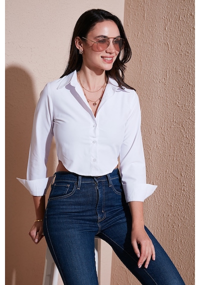 Lela Pamuk Karışımlı Slim Fit Uzun Kollu Crop Bayan Gömlek 6777336 Beyaz