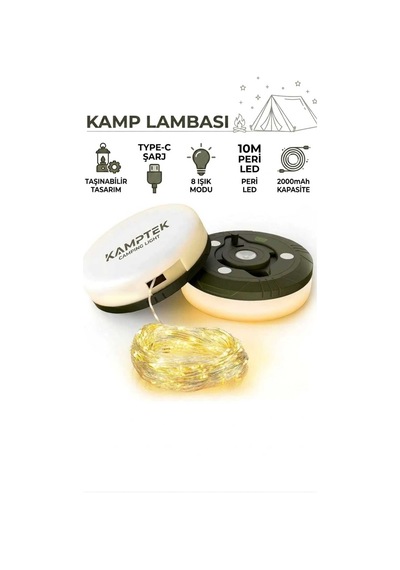 Kamptek Şarj Edilebilir Kamp Lambası - 10 Metre Peri Led Işıklı, 2000mah, 8 Modlu Taşınabilir Kamp Aydınlatması Beyaz