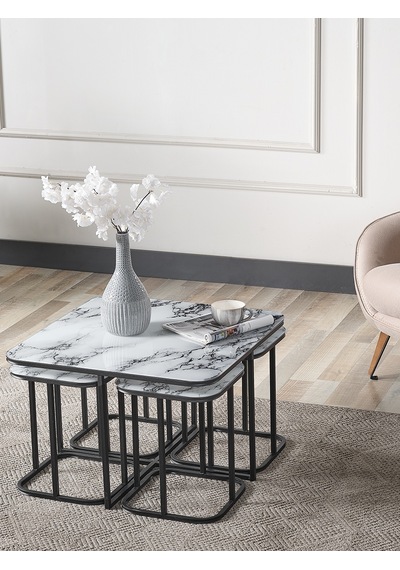 Pelikan 4+1 Beyaz Mermer Temperli Cam Siyah Metal Ayak Takım Sehpa Sedaş Living Units Sehpa