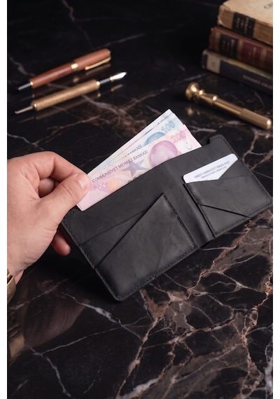 Luvo Hakiki Deri El Yapımı 4 Kart Bölmeli Unisex Minimalist Cüzdan Kartlık İnce Kompakt Kağıt Para Ve Kart Bölmeli Cüzdan Siyah
